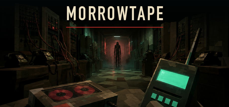 MORROWTAPE key art showing a handheld receiver, red recording reels, and The Listener in a condemned telephone exchange.