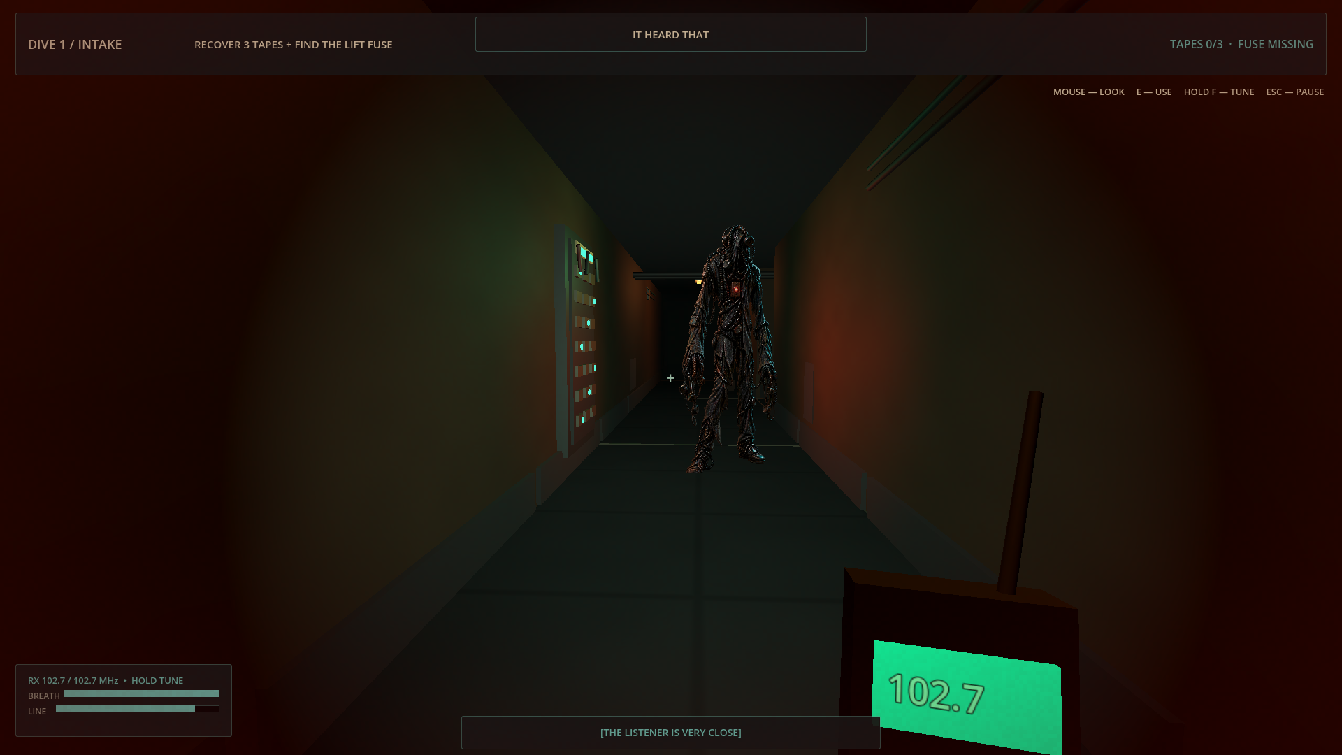 The Listener approaching through a dark corridor while the receiver is raised.