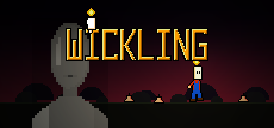WICKLING key art: a small figure with a lit candle for a head, and a tall pale shape standing behind him in a dark meadow.