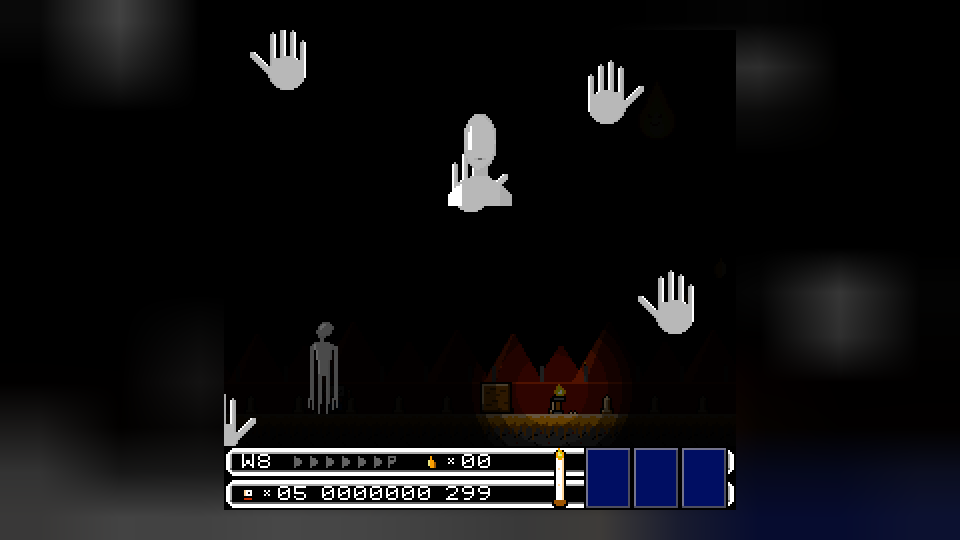 A dark level lit only by a candle, with large pale hands reaching in from the edges of the screen.